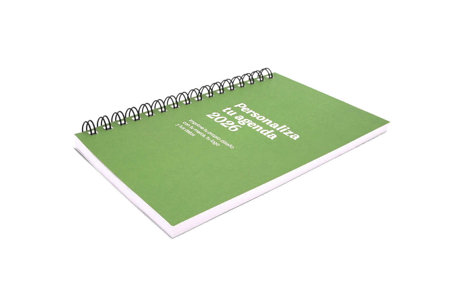 Agenda diaria verde personalizada 2026 en pasta blanda.