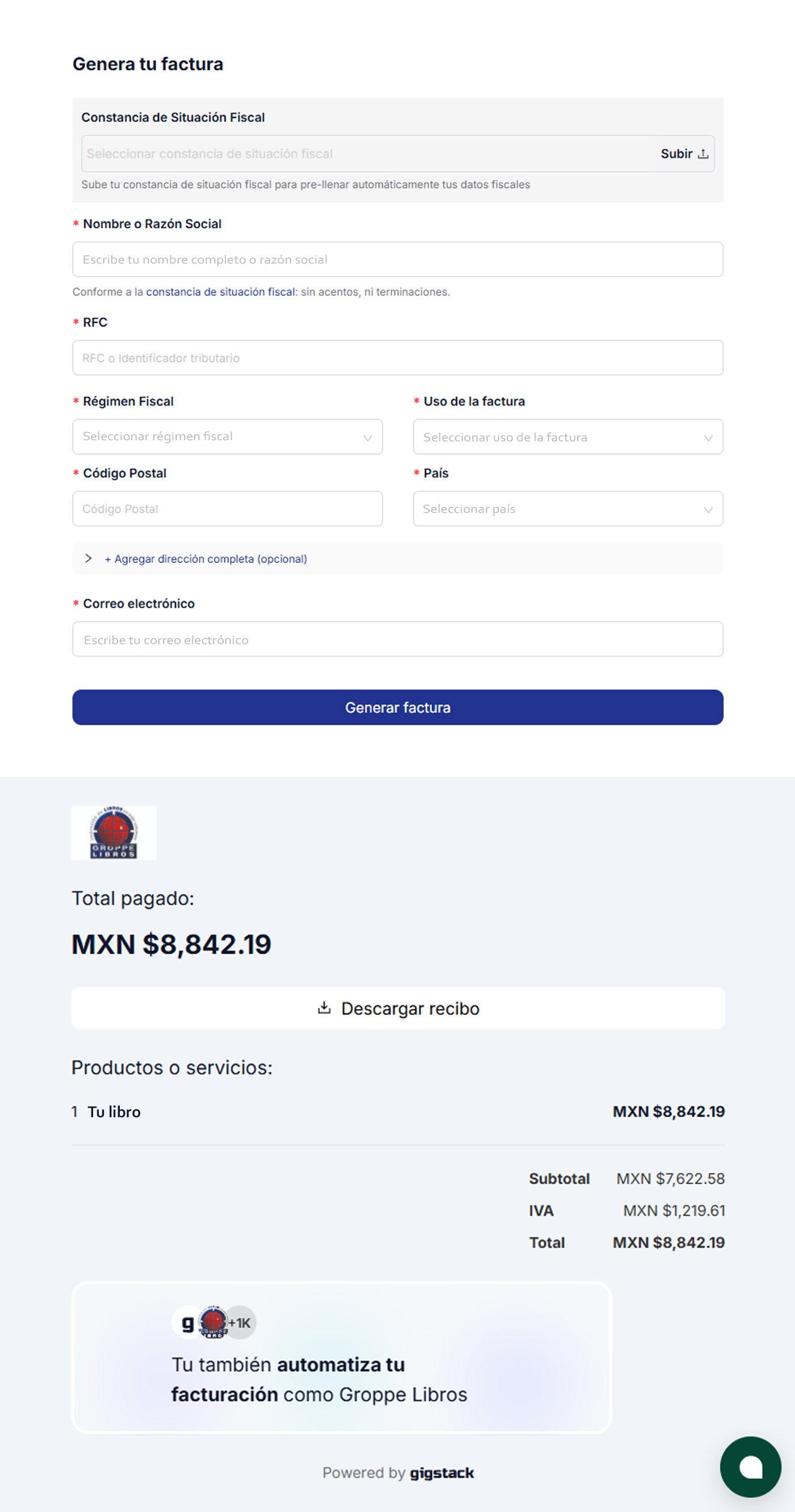 Formulario para generar factura en Groppe.