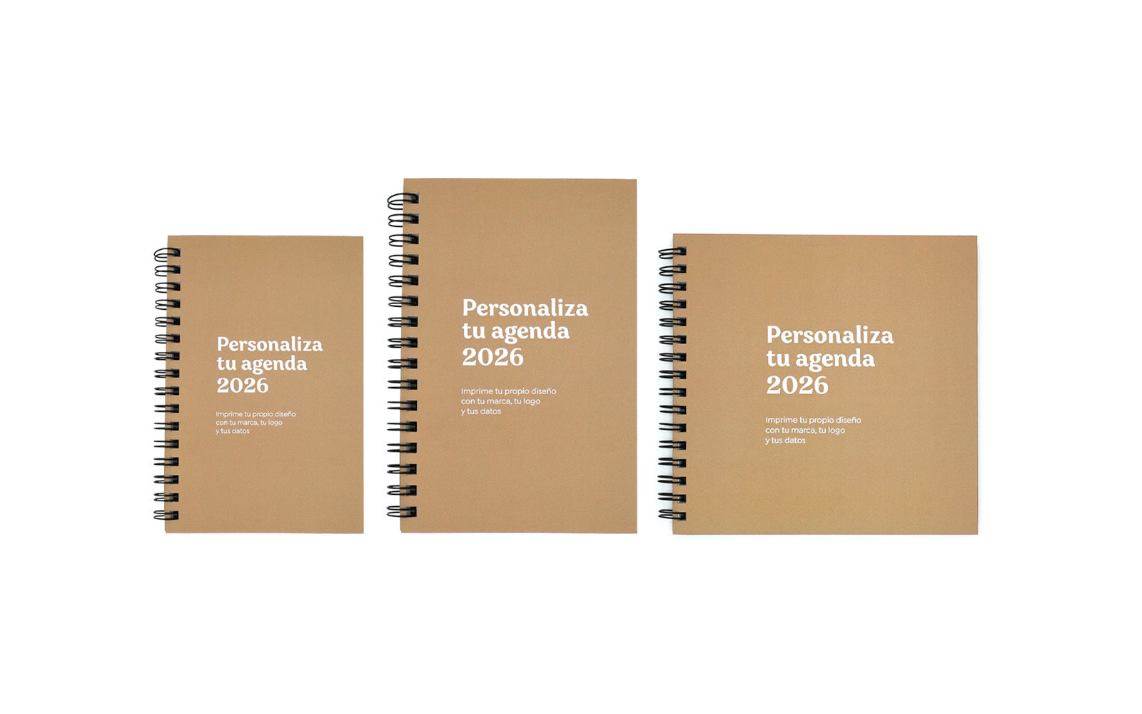 Tres tamaños de agendas personalizadas 2026 para empresas.