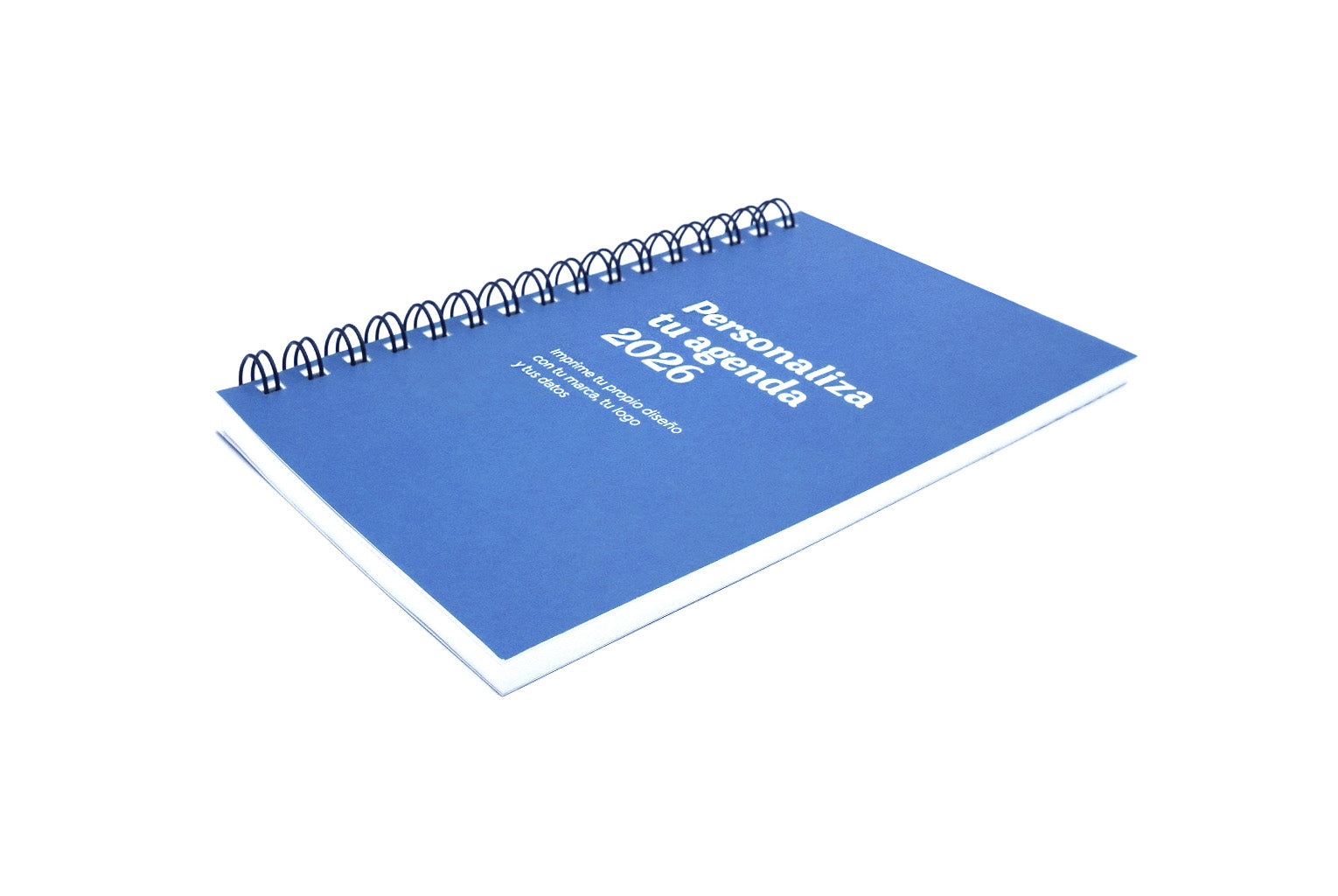 Agenda semanal azul personalizada 2026 en pasta blanda.