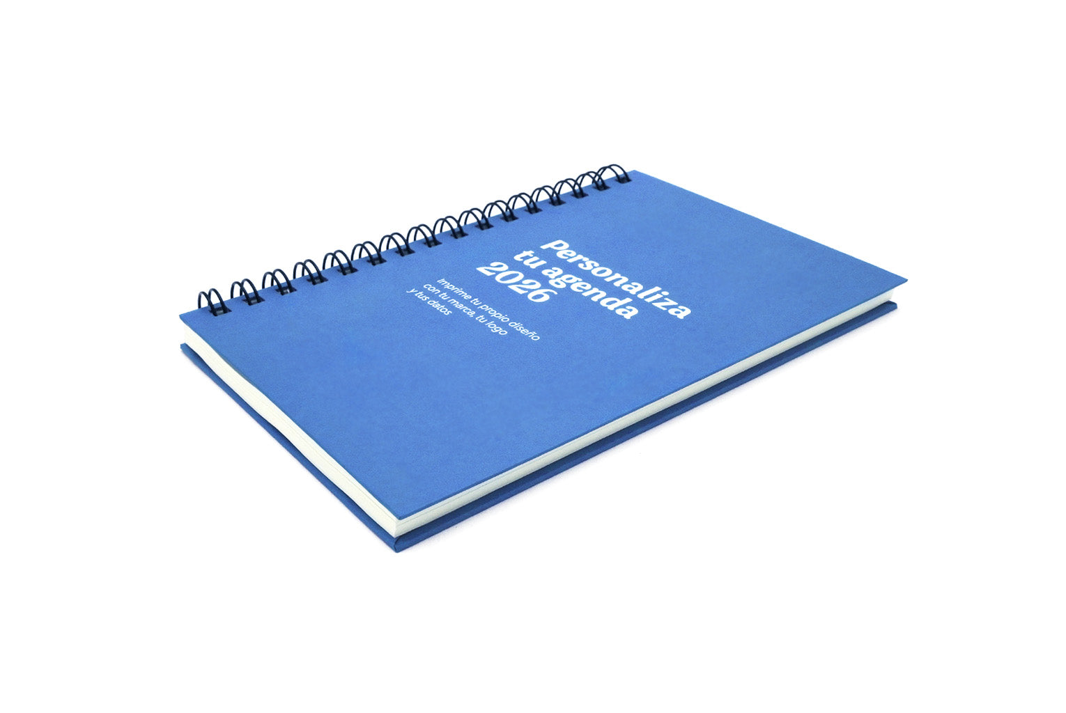 Agenda semanal azul personalizada 2026 en pasta dura.