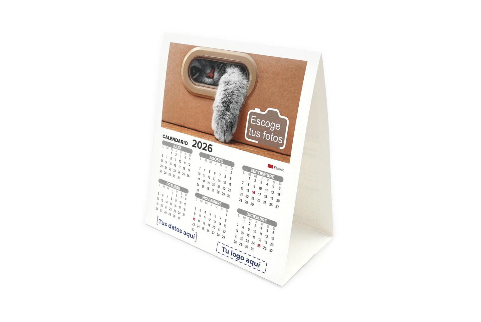 Calendario tent card 2026 personalizado. Fondo blanco.