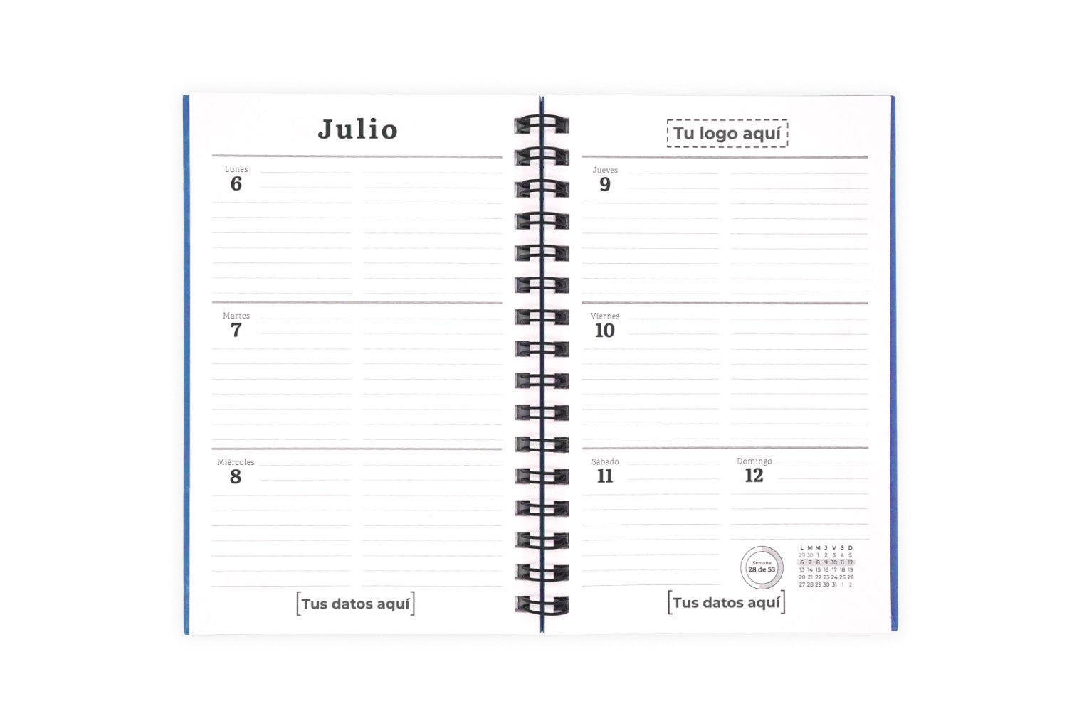 Interiores de agenda semanal azul personalizada 2026.