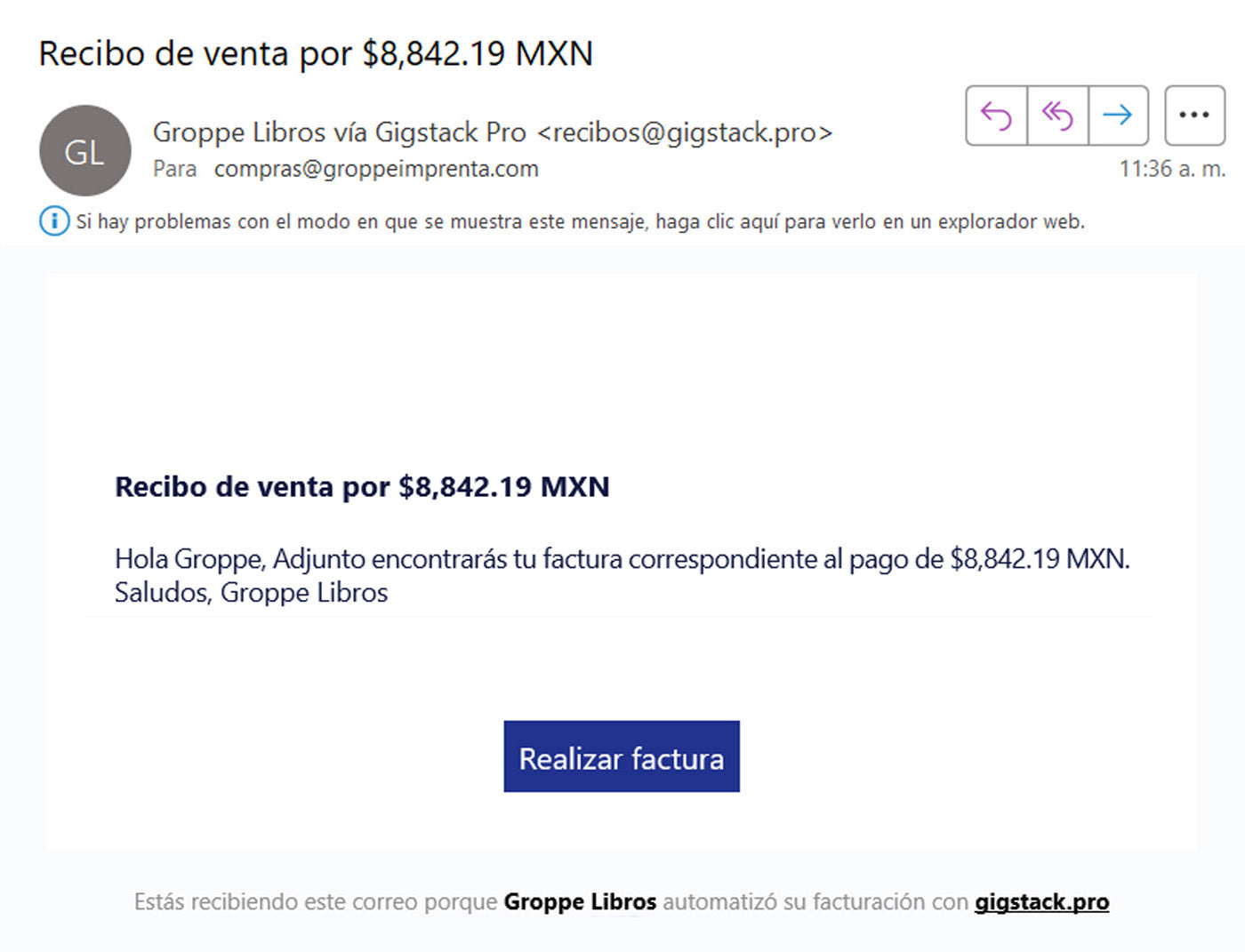 Mensaje de facturación de Groppe.